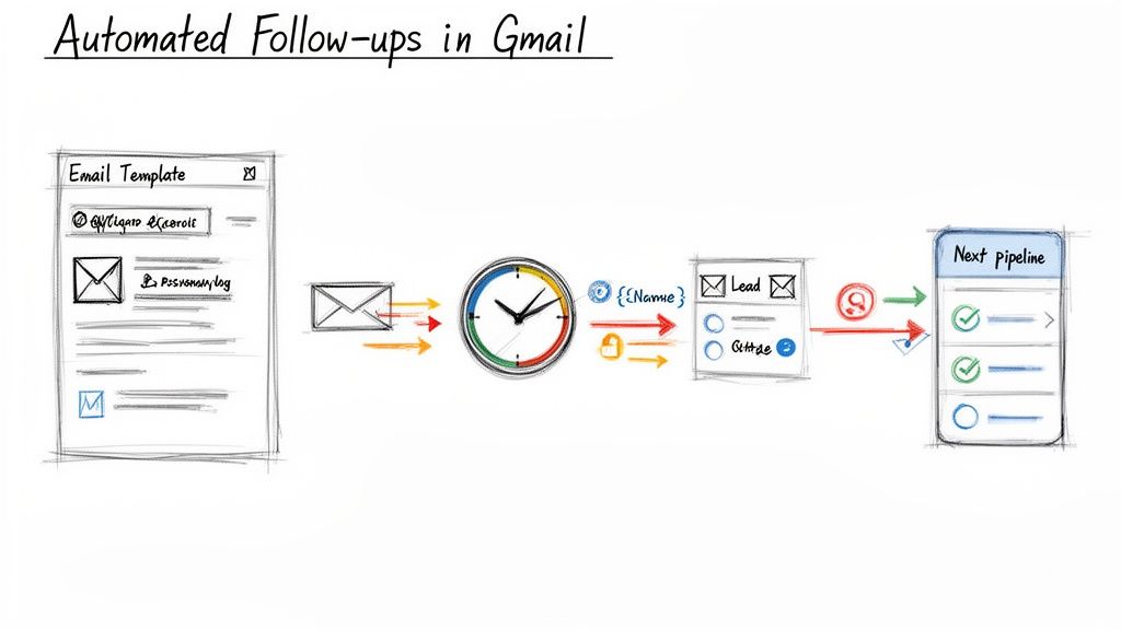 Diagram showing automated email follow-ups in Gmail for lead management pipeline workflow.