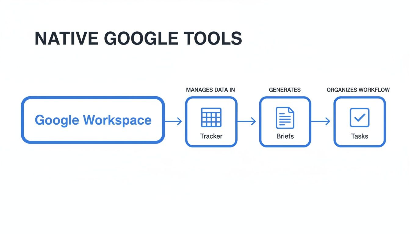 Flowchart showing Google Workspace integrating with Tracker, Briefs, and Tasks for project management workflow.