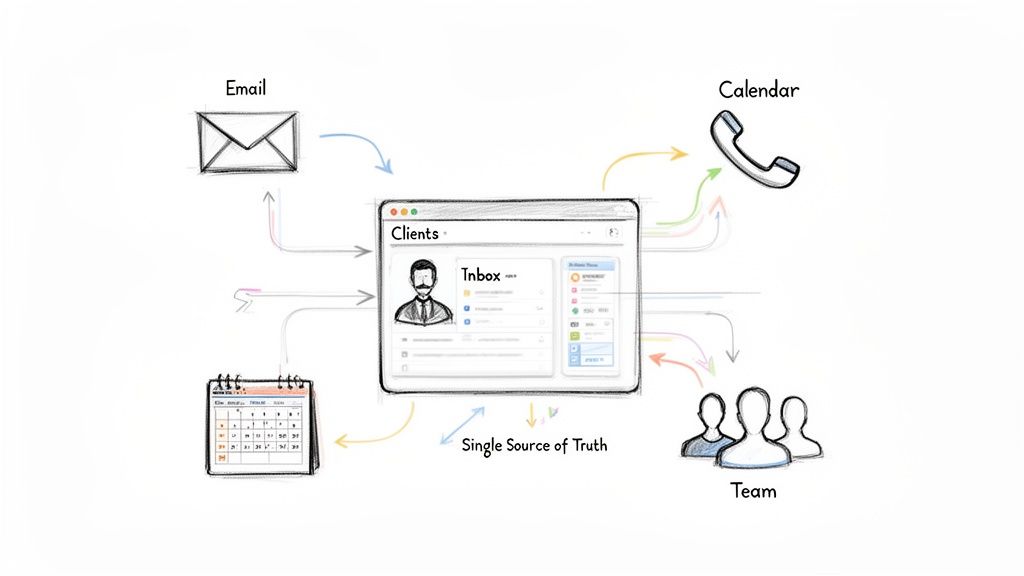 A diagram illustrating a central CRM system integrating email, calendars, and team collaboration as a single source of truth.