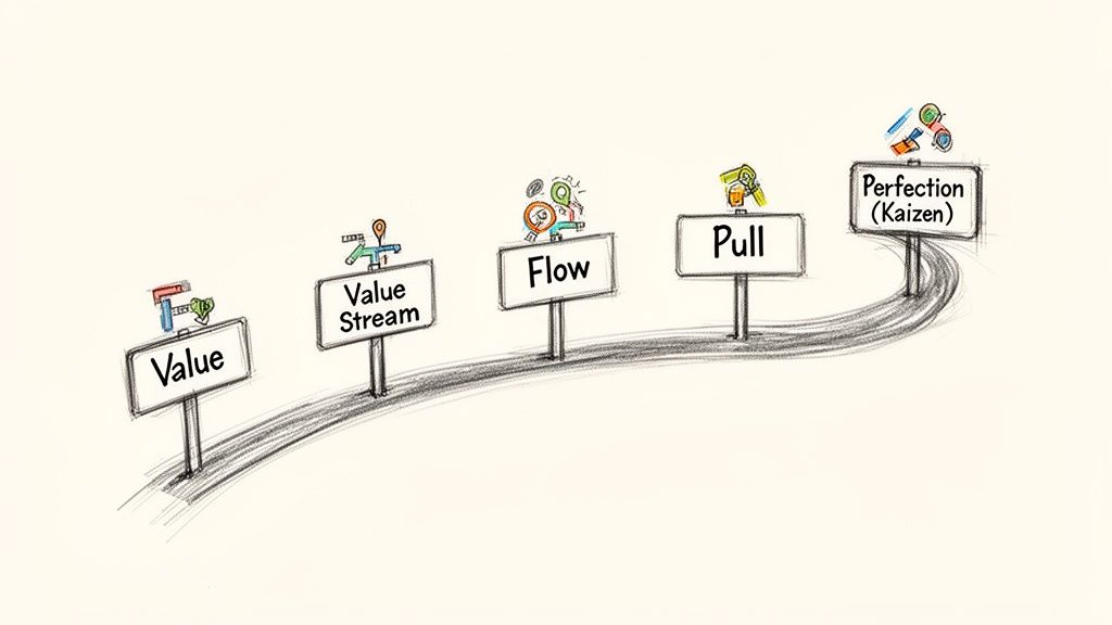 A winding road with five signposts illustrating the Lean methodology principles: Value, Value Stream, Flow, Pull, and Perfection (Kaizen).