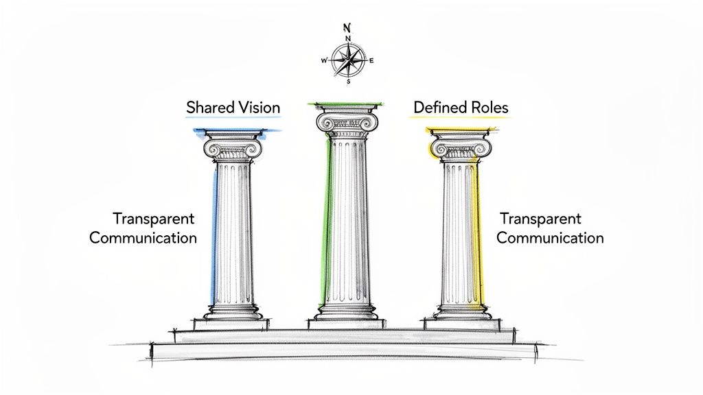 Illustration of three pillars supporting Shared Vision and Defined Roles, with Transparent Communication.