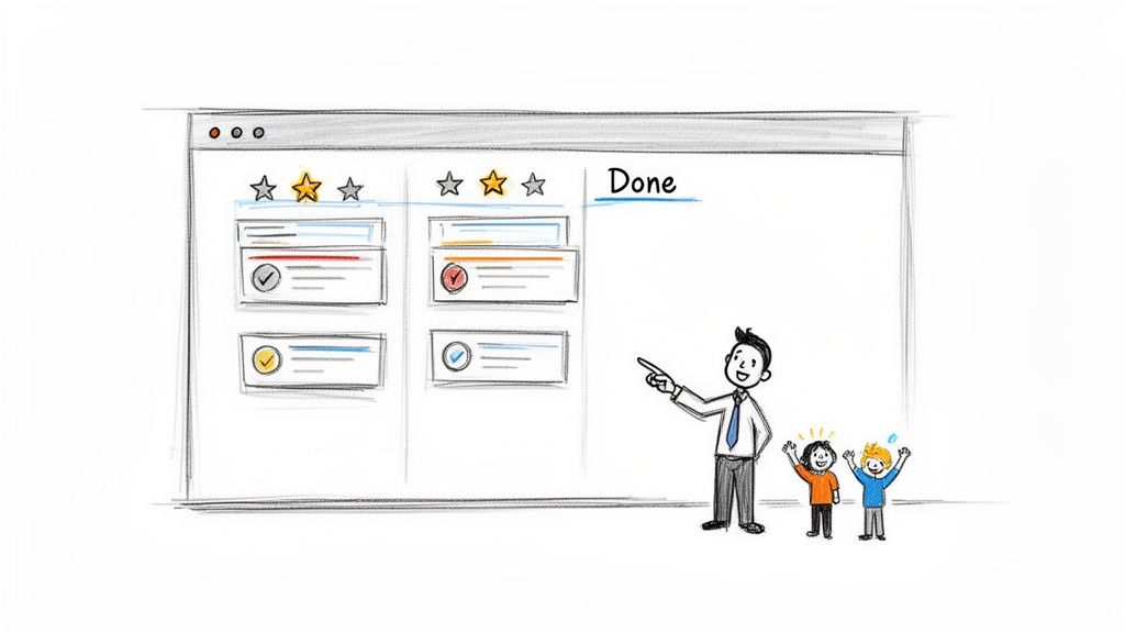 A man points at a digital task board with children, celebrating completed tasks.