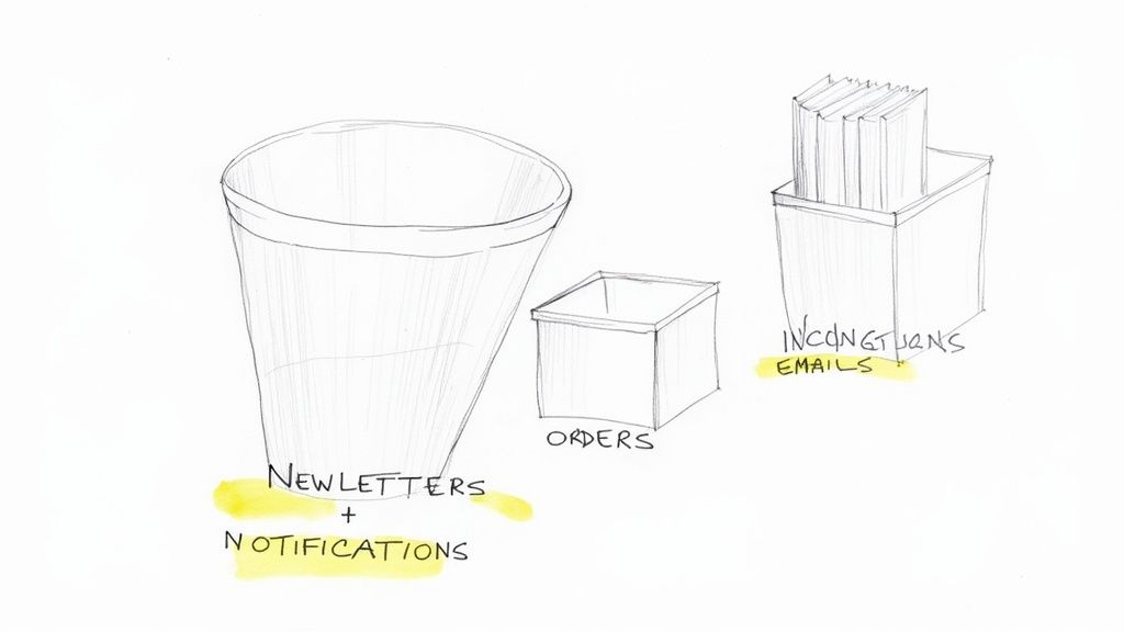 An illustration showing a flowchart of Gmail filters. An email comes in, a filter checks for a keyword like "Invoice," and then automatically applies a "Finance" label and archives the email.
