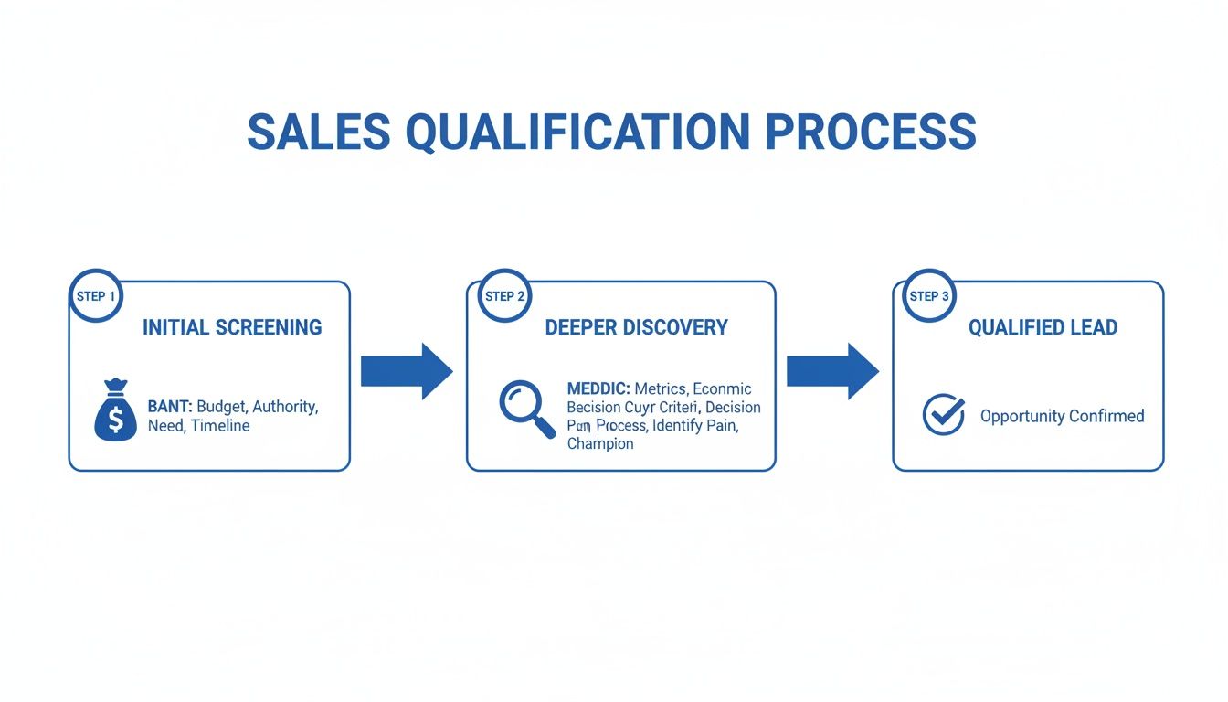 A sales qualification process flowchart with three steps: Initial Screening (BANT), Deeper Discovery (MEDDIC), and Qualified Lead.