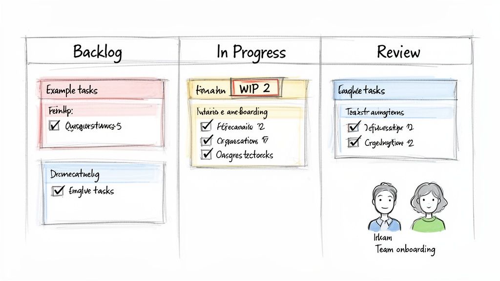 Hand-drawn Kanban board with tasks in backlog, in progress, and review columns, showing team onboarding.