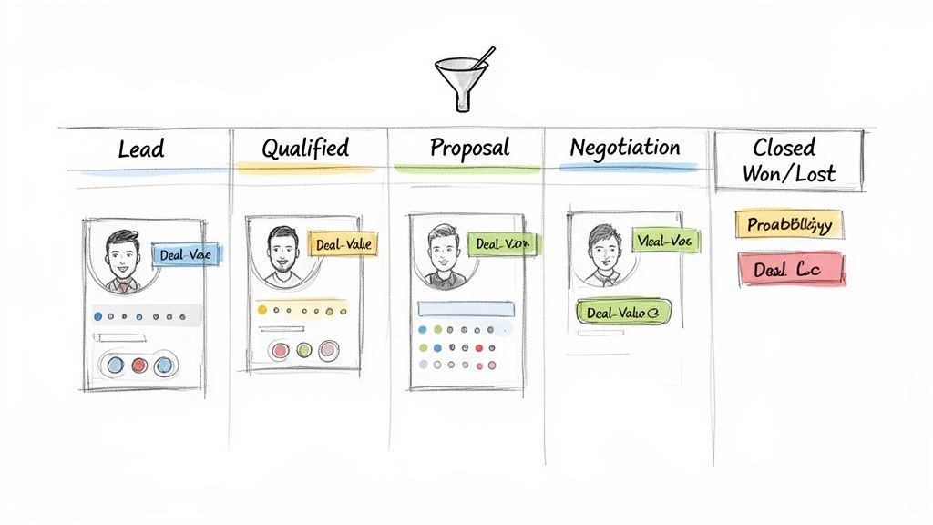 A hand-drawn sales pipeline Kanban board with stages: Lead, Qualified, Proposal, Negotiation, and Closed Won/Lost, illustrating deal progression.