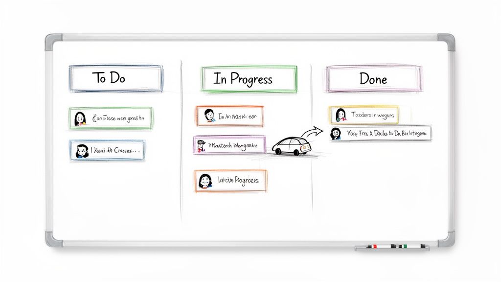 A hand-drawn Kanban board on a whiteboard showing tasks in To Do, In Progress, and Done columns.