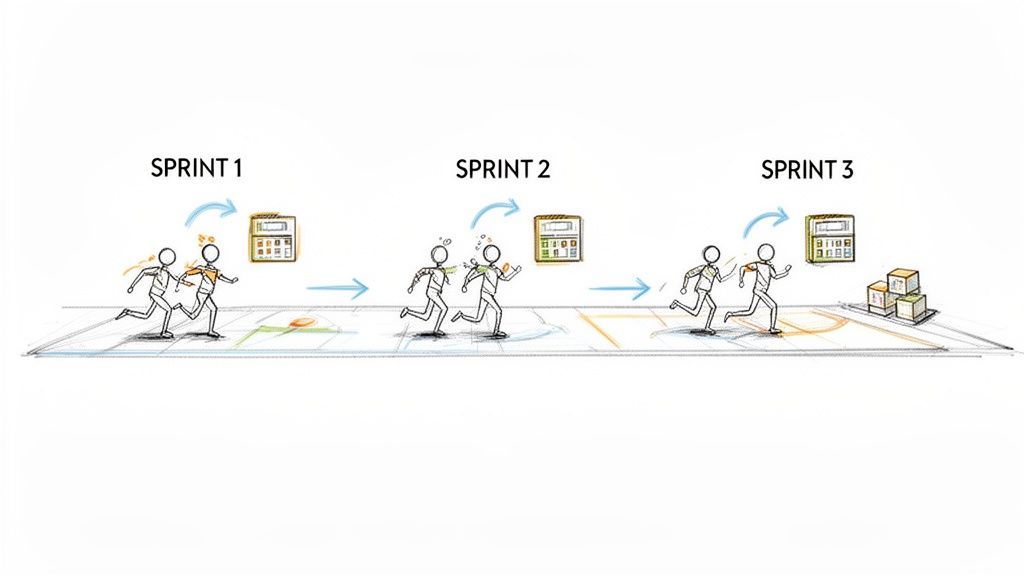 Agile development illustration showing three sprints with two figures running towards a calendar, accumulating products.