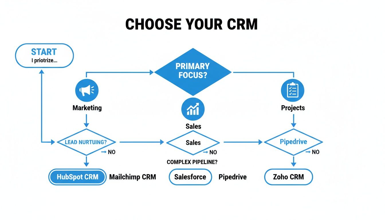 Flowchart guiding the selection of a CRM system based on primary business focus and specific needs.