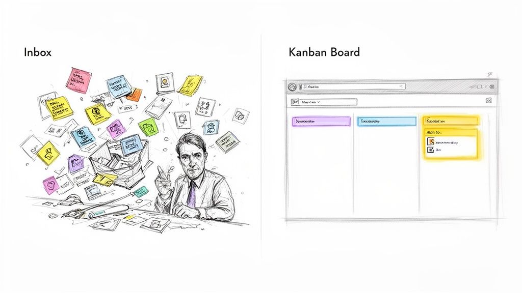 A man overwhelmed by a messy inbox contrasted with a clear, organized Kanban board for task management.