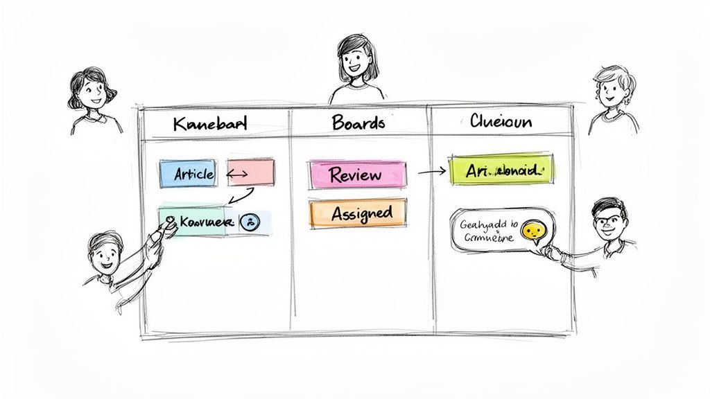 A hand-drawn Kanban board illustrating workflow management with diverse tasks and smiling people collaborating.