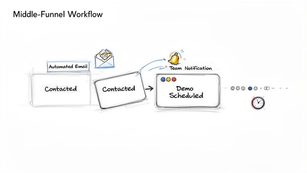 Middle-funnel workflow diagram showing lead progression from contact to demo scheduling with email and team notifications.