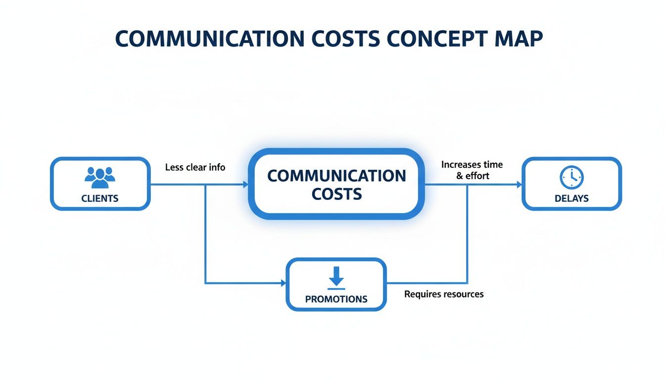 Concept map illustrating how communication costs are influenced by client information and lead to delays and resource-intensive promotions.