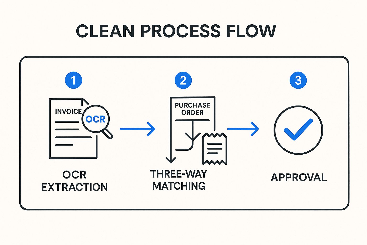 Infographic showing the automated invoice processing flow, from OCR data extraction to three-way matching and final approval.