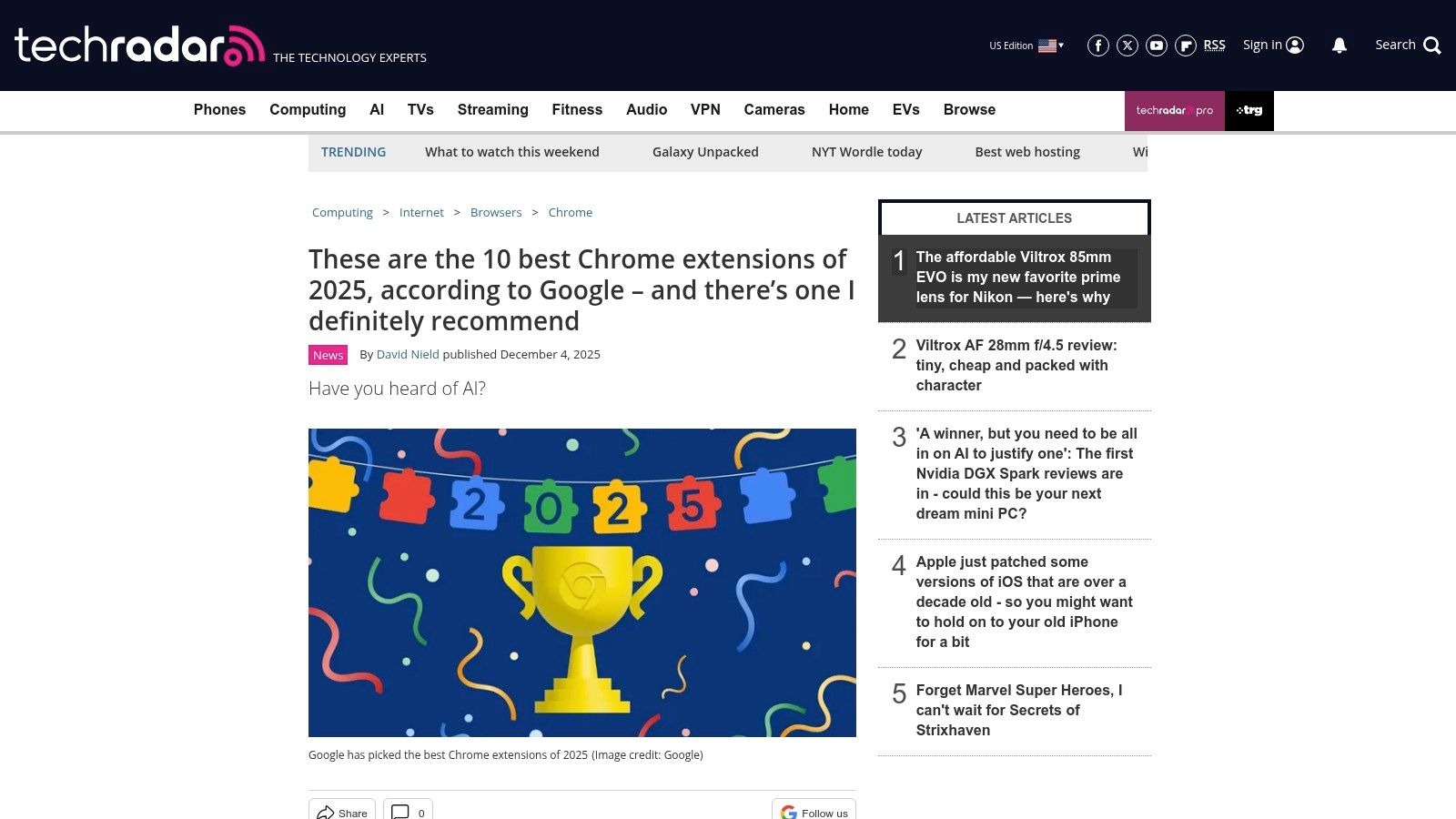 TechRadar (Google’s top Chrome extensions of 2025 coverage)