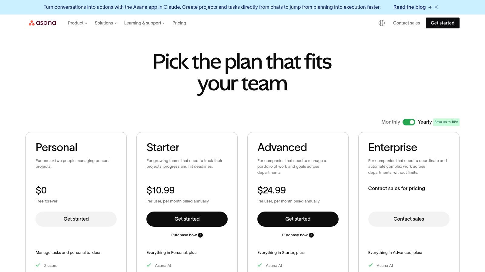 Asana pricing plans