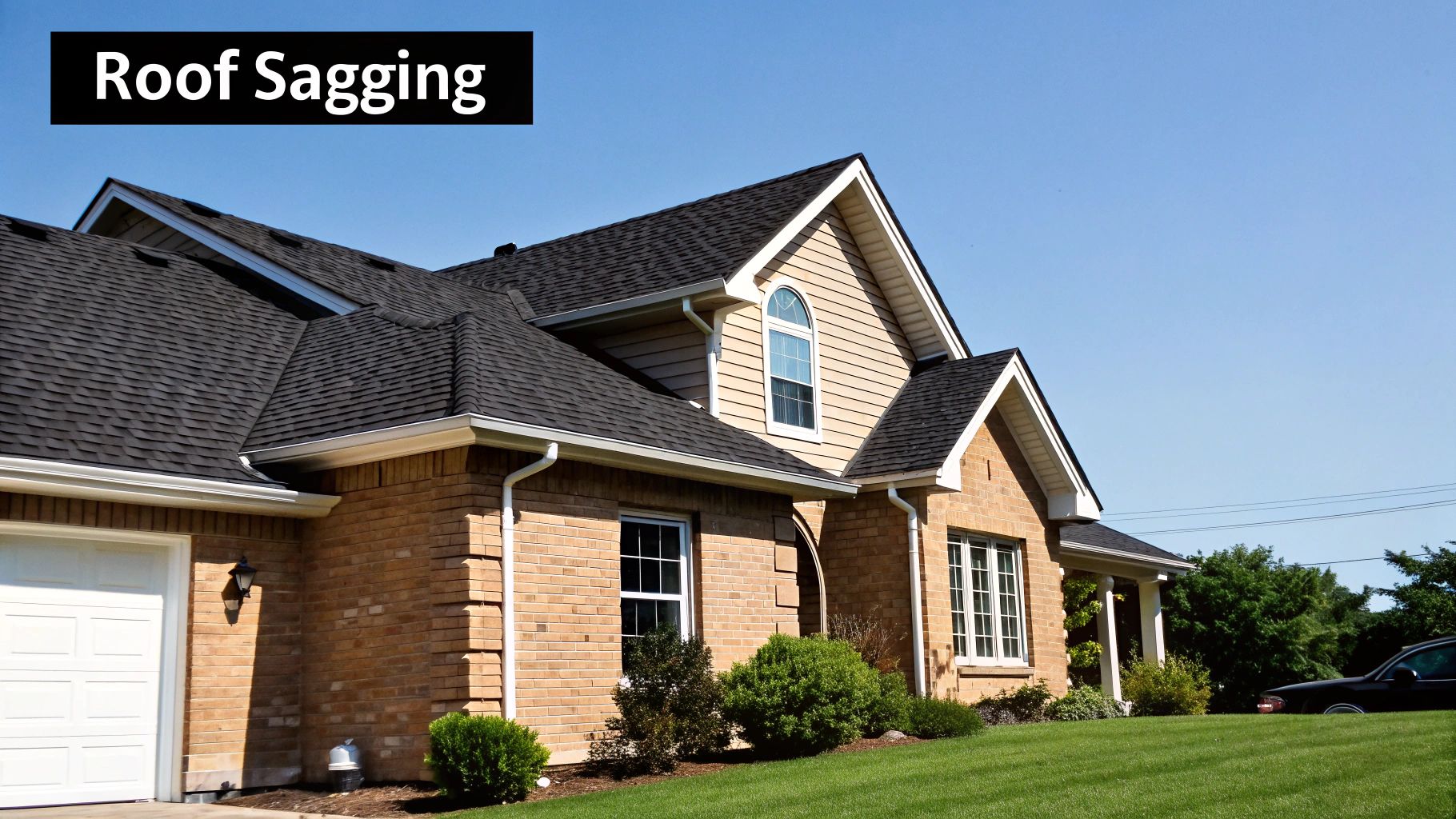 A roof with a noticeable dip in the roofline, indicating a sagging roof deck.