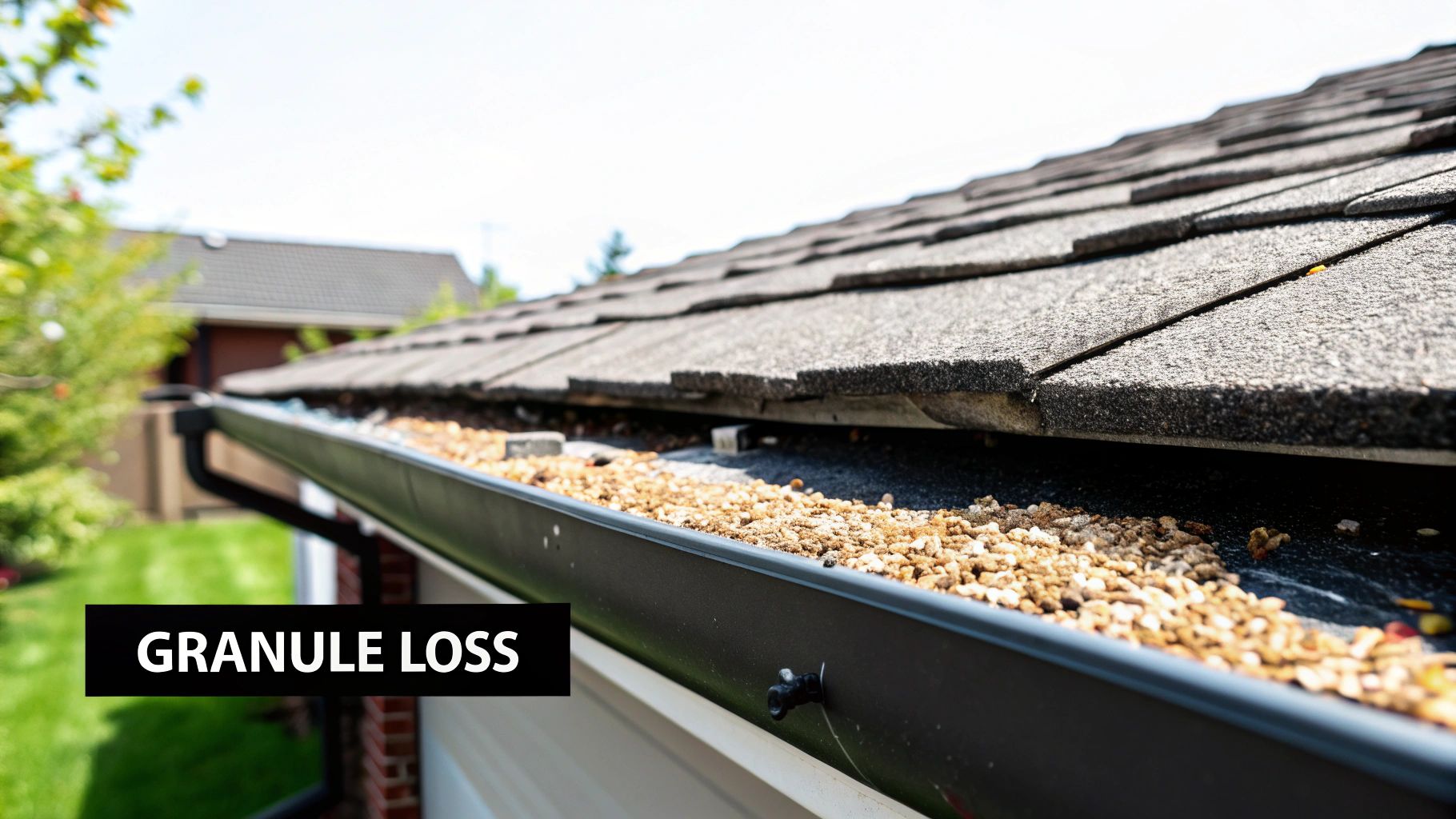 Close-up of asphalt shingles showing significant granule loss and bare spots, indicating wear and tear.