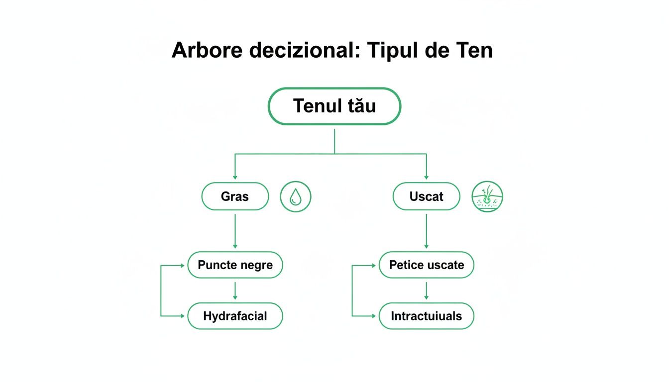 Tratament facial curatare: Ghid complet pentru rezultate profesionale 2 Diagramă arbore decizional despre tipurile de ten (gras, uscat) și recomandări de tratament facial, precum Hydrafacial.