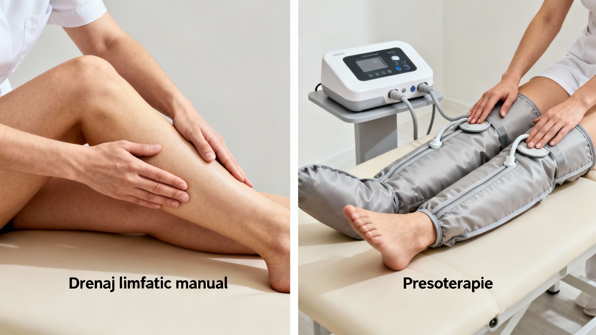 Ghid complet despre drenaj limfatic aparat și presoterapie 3 Un terapeut efectuează drenaj limfatic manual și o persoană beneficiază de presoterapie cu un aparat special.