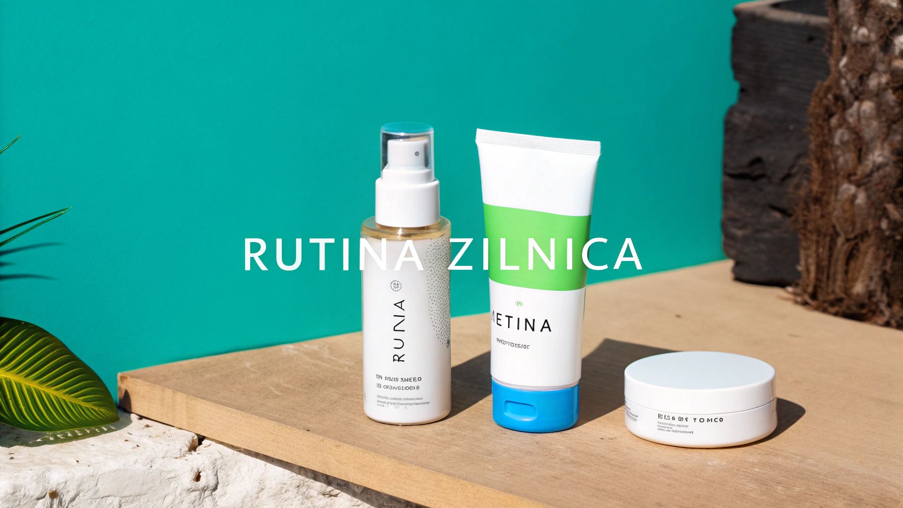 Cremă pentru ten gras: cremă pentru ten gras, ghid rapid 2 Trei produse cosmetice de îngrijire a pielii pe o masă de lemn, cu fundal verde-albastru și o frunză.