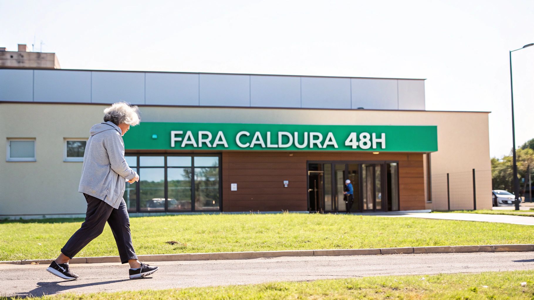 Ce nu e permis dupa injectarea cu botox: ghid rapid pentru rezultate sigure 2 O persoană în vârstă merge pe o alee, în fața unei clădiri cu un semn verde ce scrie "FARA CALDURA 48H".