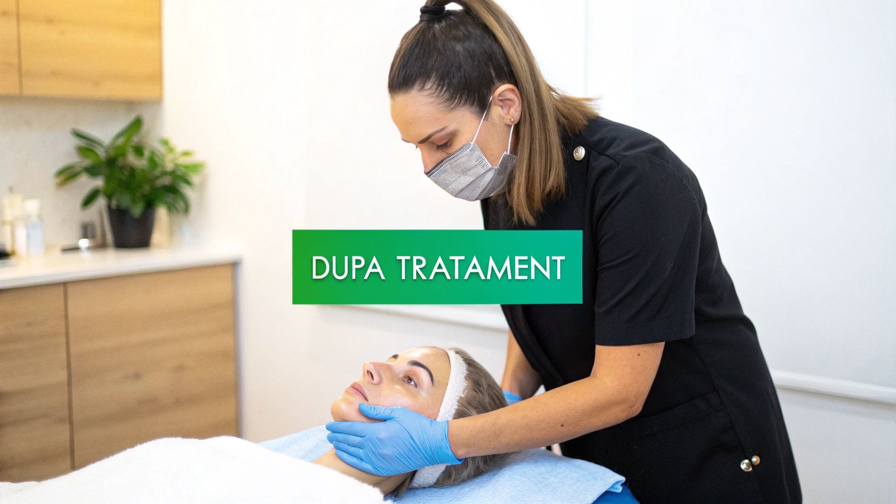 Ghid complet pentru tratament facial curatare în București 3 O specialistă cu mască și mănuși albastre realizează un tratament facial unei cliente relaxate. Textul "DUPA TRATAMENT" este vizibil.