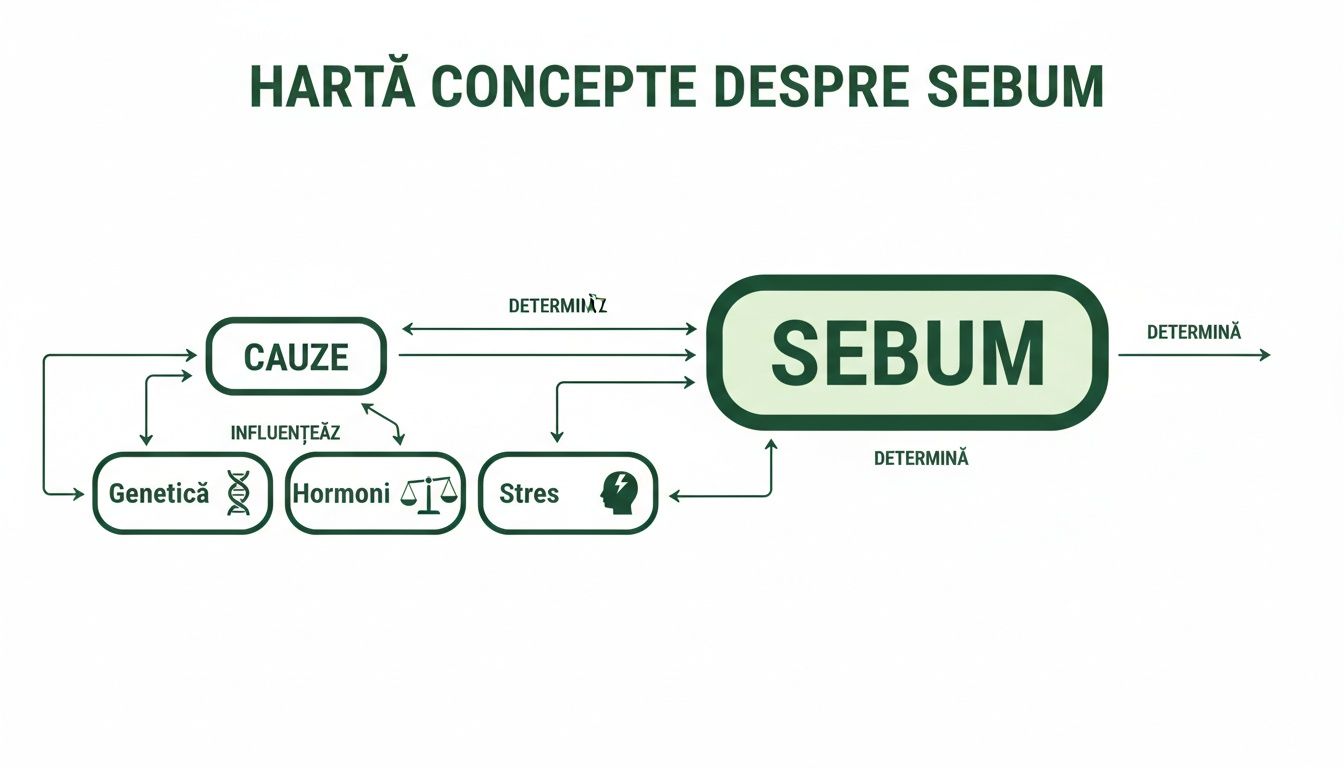 Cremă pentru ten gras: cremă pentru ten gras, ghid rapid 1 Hartă conceptuală despre sebum, ilustrând cauzele precum genetica, hormonii și stresul.