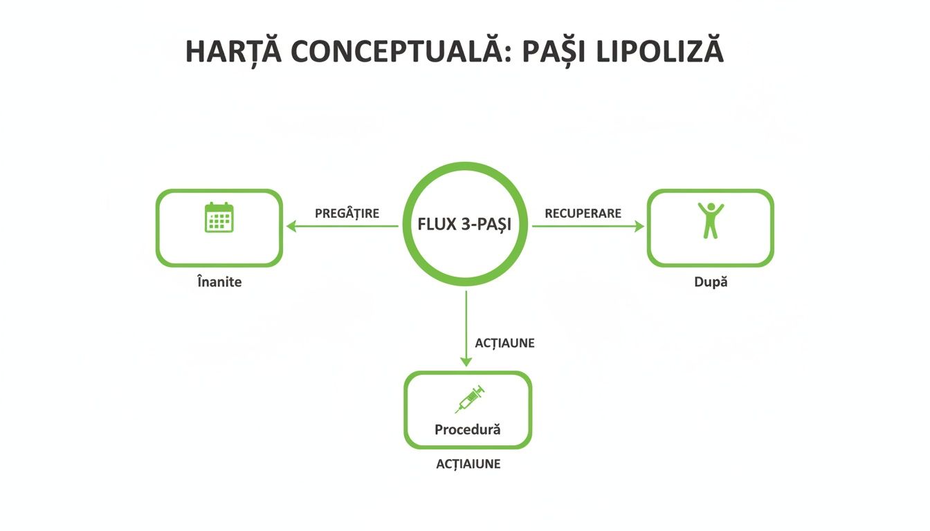 Lipoliza injectabila abdomen pret: tot ce trebuie să știi 4 Hartă conceptuală a procesului de lipoliză, incluzând pașii înainte, procedură injectabilă și recuperare după.