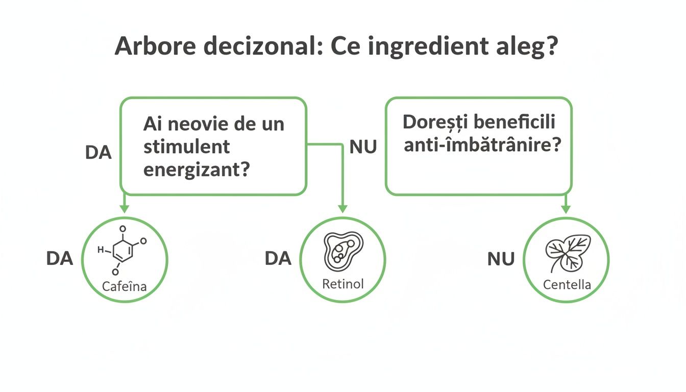 Ghid pentru cea mai buna crema anticelulitica: cum să alegi eficient 2 Arbore decizional în limba română ghidând alegerea ingredientelor cosmetice: Cafeină, Retinol, Centella.