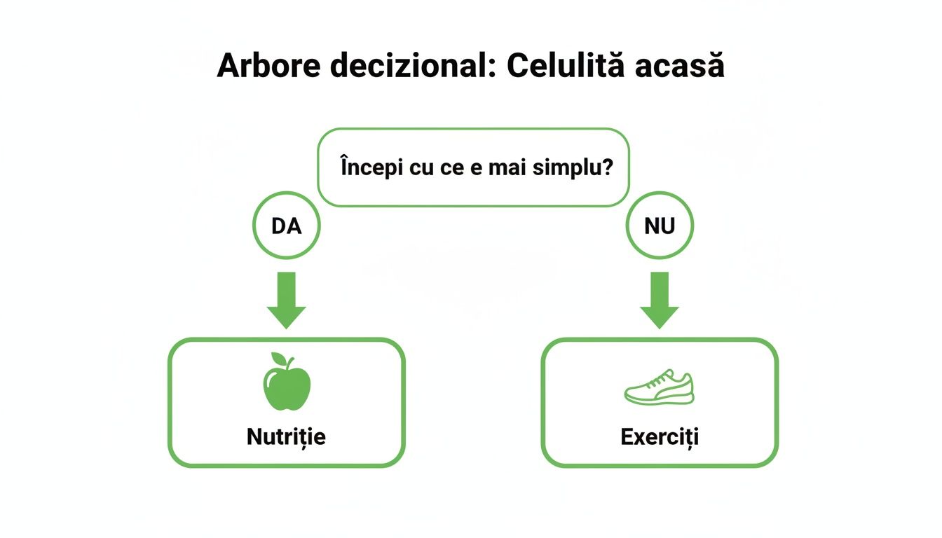 Celulita pe picioare ghid de la cauze la soluții reale 2 Arbore decizional despre combaterea celulitei acasă, întrebând dacă începi cu ce e mai simplu: nutriție sau exerciții.