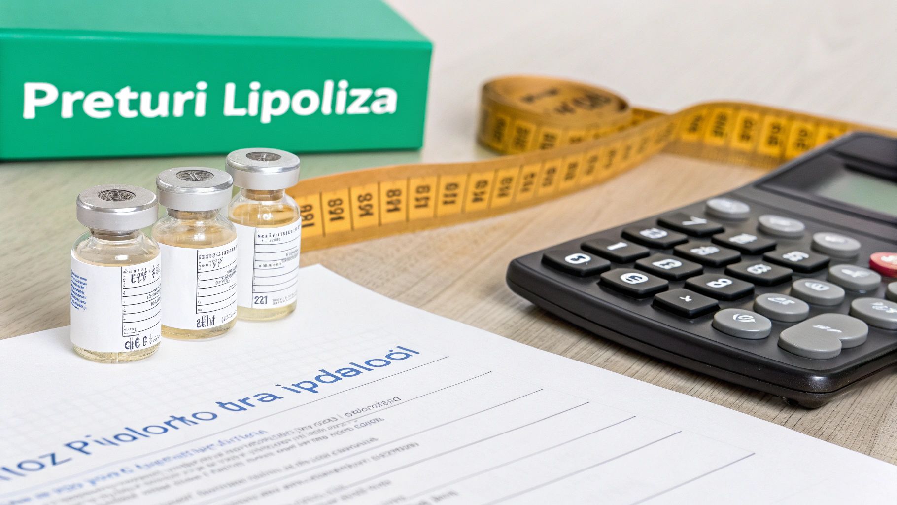 Lipoliza injectabila abdomen pret: tot ce trebuie să știi 2 Imagine cu medicamente, un calculator și o bandă de măsurat, indicând prețurile pentru lipoliză.