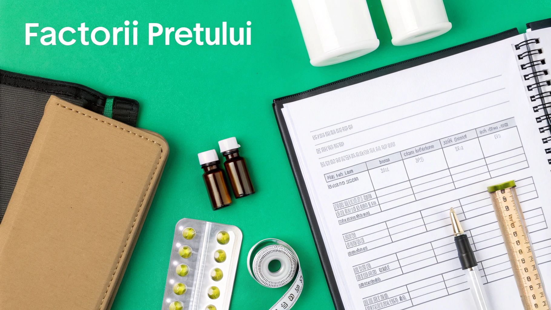 Lipoliza injectabila abdomen pret: lipoliza injectabila abdomen pret ghid scurt 2 Imaginea prezintă articole medicale, o agendă cu notițe și o bandă de măsurat pe un fundal verde, cu textul „Factorii Prețului”.