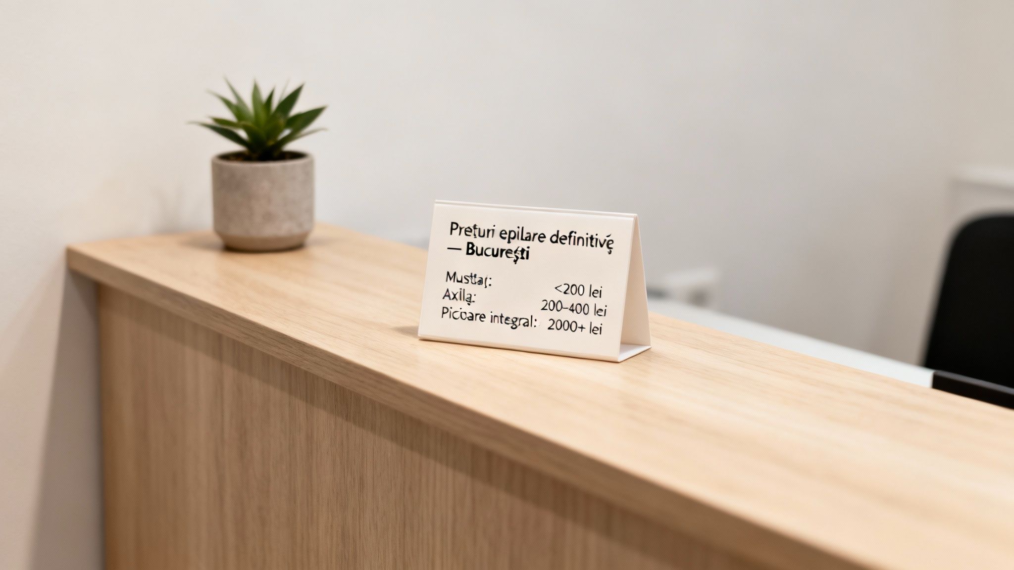 Ghid complet preturi epilare definitiva în București 1 Broșură cu prețuri pentru epilare definitivă (mustață, axilă, picioare integral) în București, pe un blat de lemn.