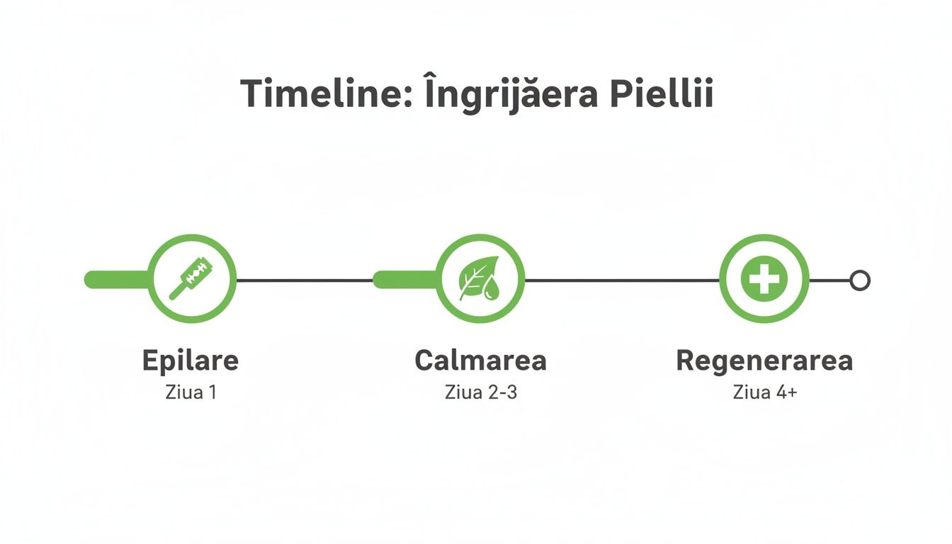 Crema dupa epilare: cum să ai o piele calmă și netedă 2 Timeline îngrijirea pielii după epilare, ilustrând fazele de epilare, calmare și regenerare pe parcursul mai multor zile.