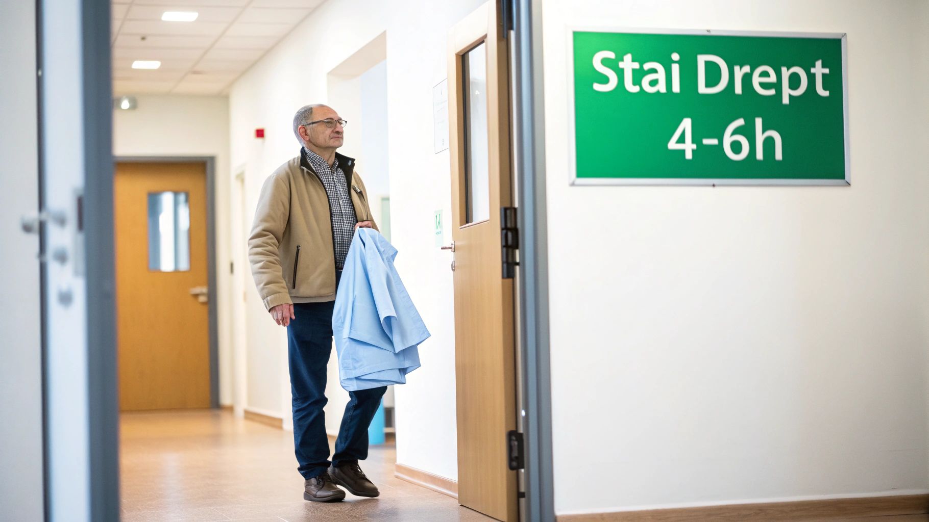 Ce nu e permis dupa injectarea cu botox: ghid rapid pentru rezultate sigure 1 Un bărbat în vârstă, cu ochelari, merge pe un hol de spital, ținând un halat albastru.