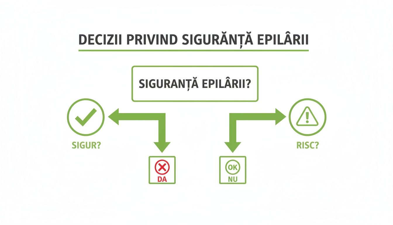 Contraindicatii epilare definitiva: Lista completa si cand nu este recomandata 1 Diagramă decizională despre siguranța epilării, cu întrebări despre risc și siguranță.