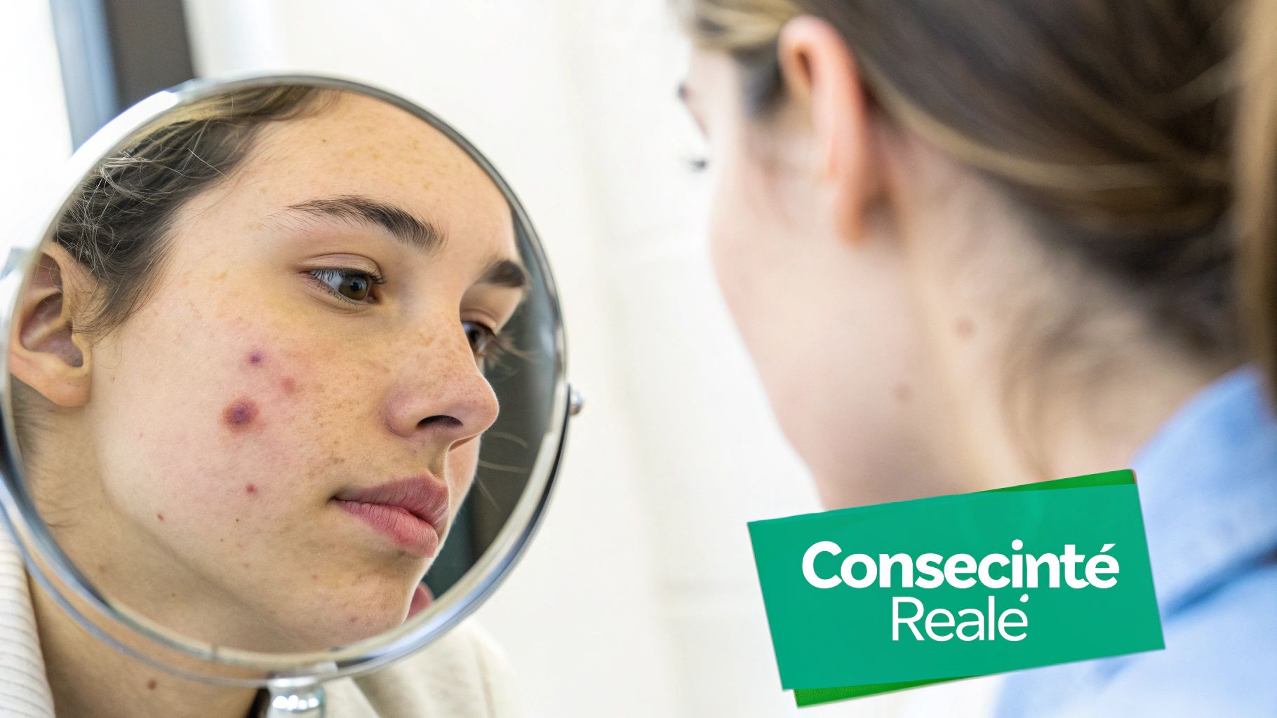 Contraindicatii epilare definitiva: ghidul esențial pentru o procedură sigură 4 O tânără se uită cu îngrijorare la fața ei cu acnee în oglindă, reflectând asupra consecințelor.