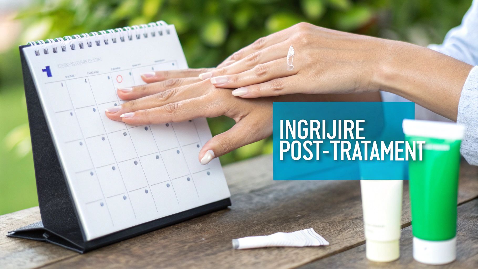 Mâini atingând un calendar, cu produse cosmetice și textul „ÎNGRIJIRE POST-TRATAMENT”.