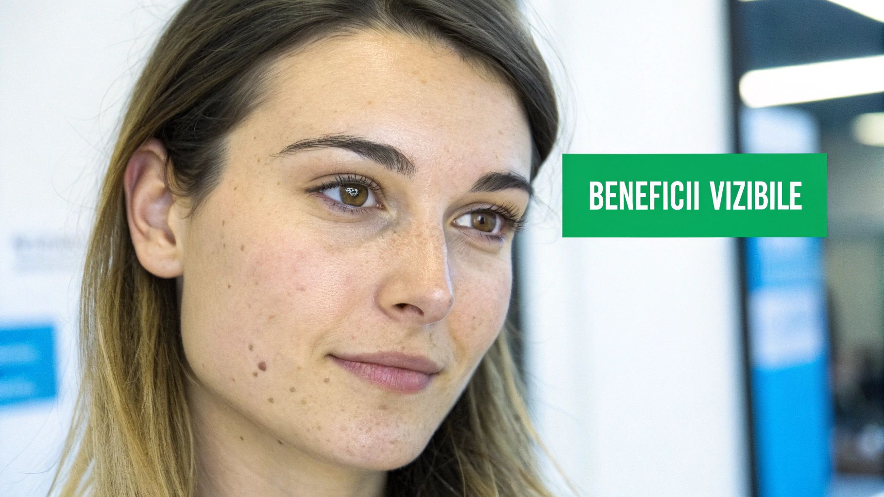 Ghid complet pentru tratament facial curatare în București 2 O femeie tânără cu pistrui zâmbește ușor, cu un banner verde "BENEFICII VIZIBILE" în dreapta.