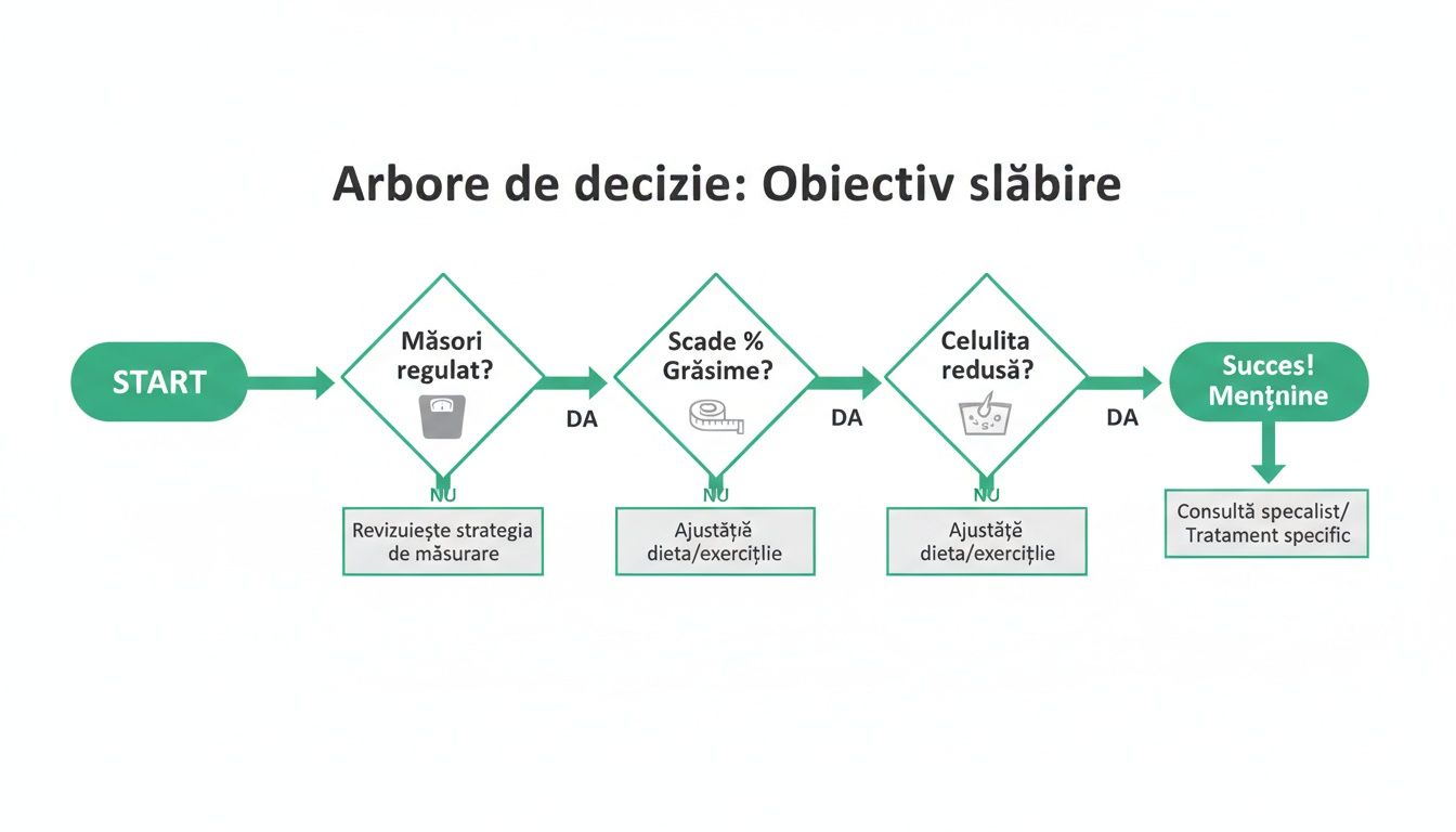 Metoda de slabire: Ce funcționează cu adevărat în București 4 Diagramă arbore de decizie pentru obiectivul de slăbire, cu pași și decizii legate de măsurare, grăsime și celulită.