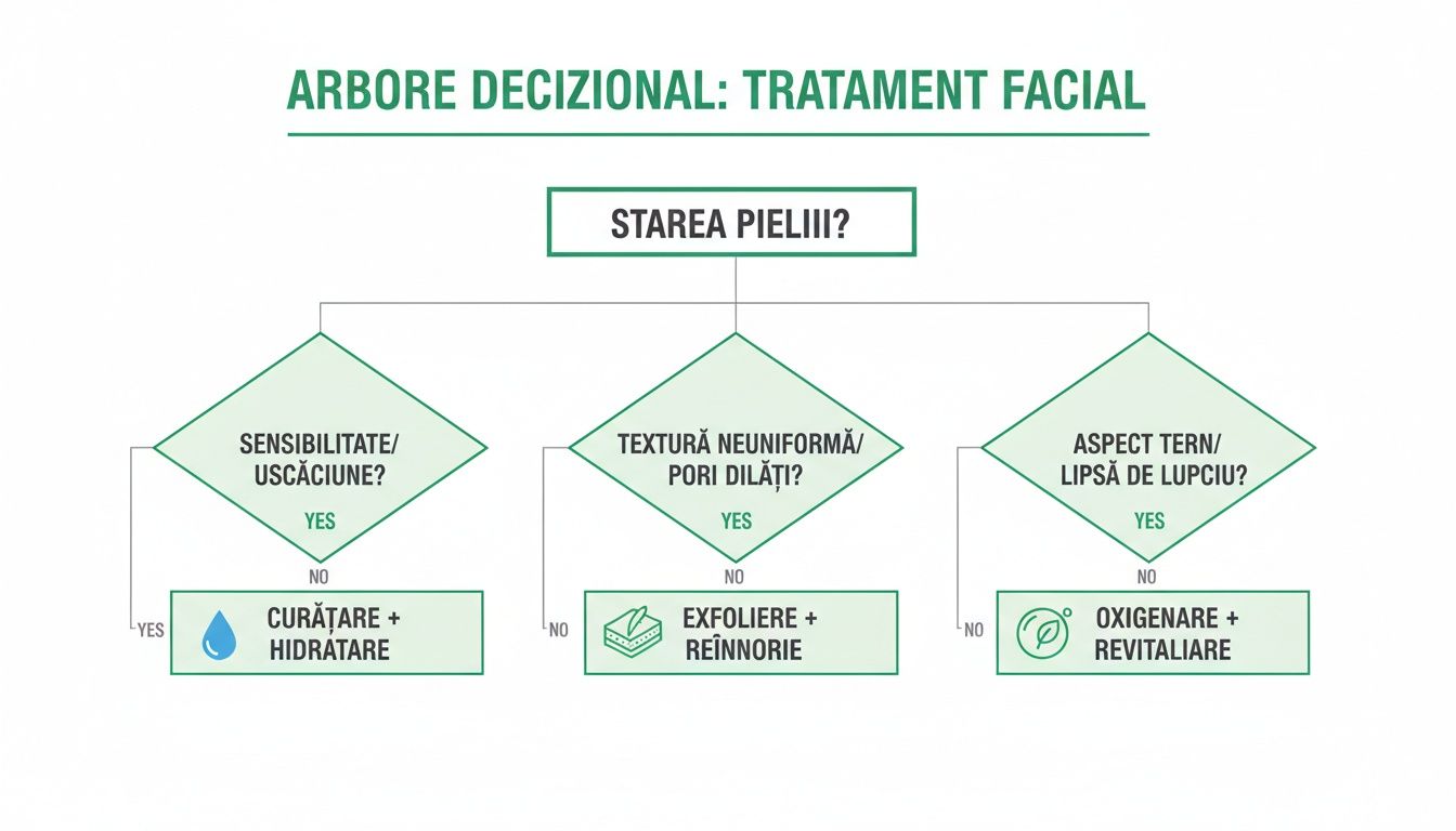 Ghid complet pentru tratament facial curatare în București 2 Arbore decizional pentru tratamente faciale, ghidând alegerile în funcție de sensibilitate, textură și luminozitate a pielii.