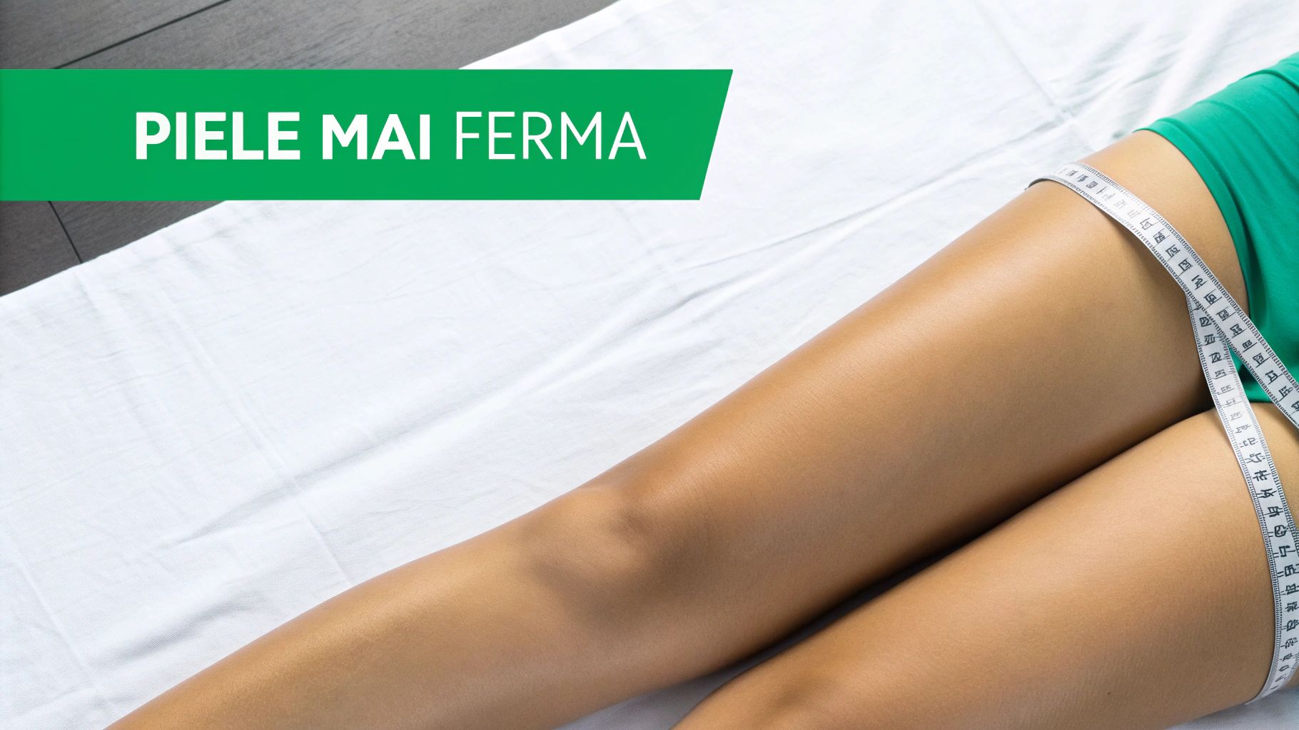 Drenajul limfatic beneficii: rapid și eficient pentru recuperare și sănătate 2 O persoană își măsoară coapsa cu o bandă de măsură pe o patură albă, cu mesajul "PIELE MAI FERMA" vizibil.