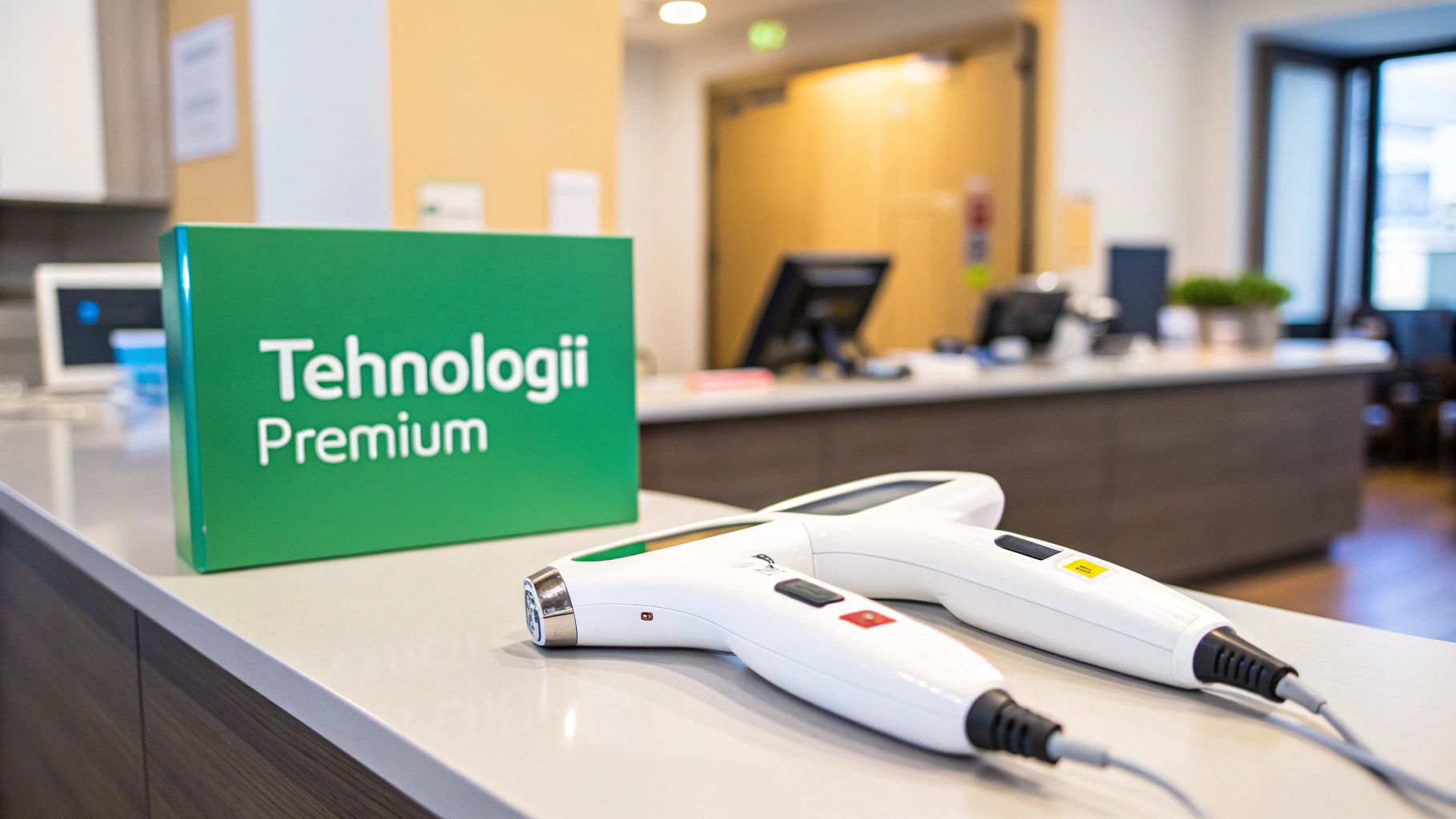 Epilare faciala definitiva: ghidul complet în București 2 Panou verde Tehnologii Premium și două aparate medicale moderne albe pe o masă într-un cabinet clinic.