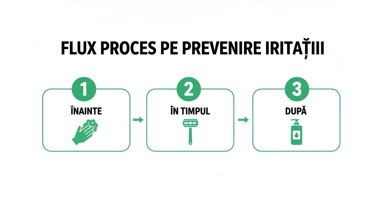 Iritații după epilare: cum să previi și să tratezi eficient 2 Diagramă flux proces pentru prevenirea iritațiilor, ilustrând pașii înainte, în timpul și după epilare.