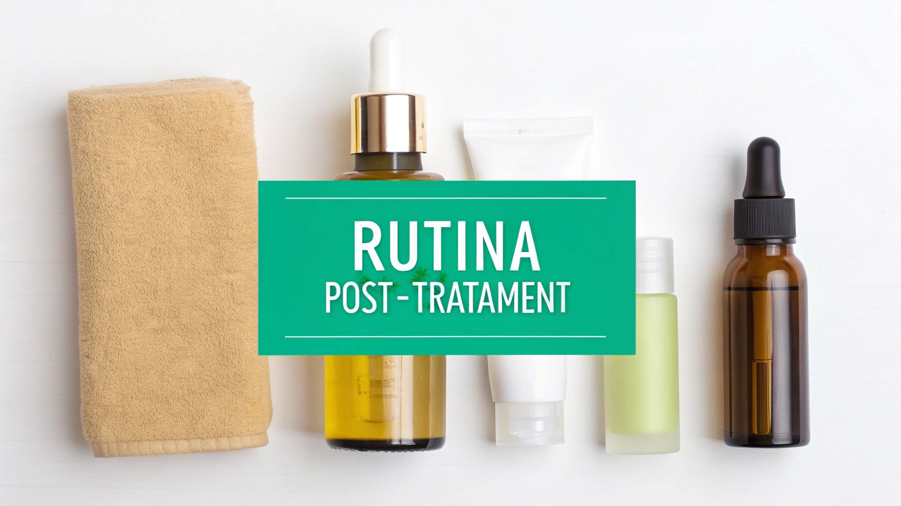 Tratament facial curatare: Ghid complet pentru rezultate profesionale 4 Produse pentru rutina de îngrijire post-tratament facial, incluzând sticluțe, tub și un prosop bej.