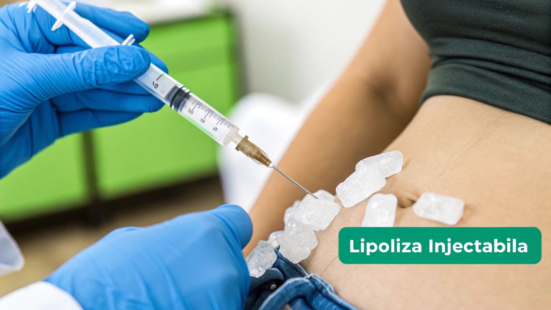 O mână în mănușă albastră injectează în abdomen, simbolizând lipoliza. Cristale albe sunt pe piele.