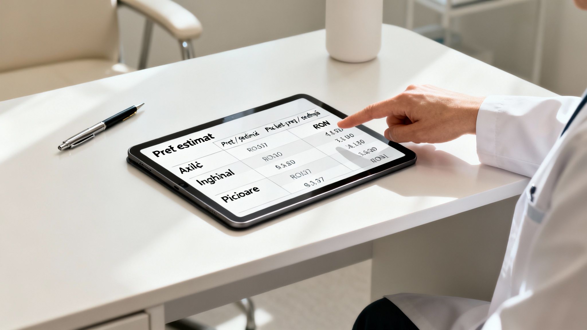 Pret epilare definitiva: Ghid complet despre costuri în București 1 Un medic consultă o tabletă ce afișează un tabel de prețuri estimate pentru diverse proceduri medicale sau cosmetice, inclusiv epilare definitivă.