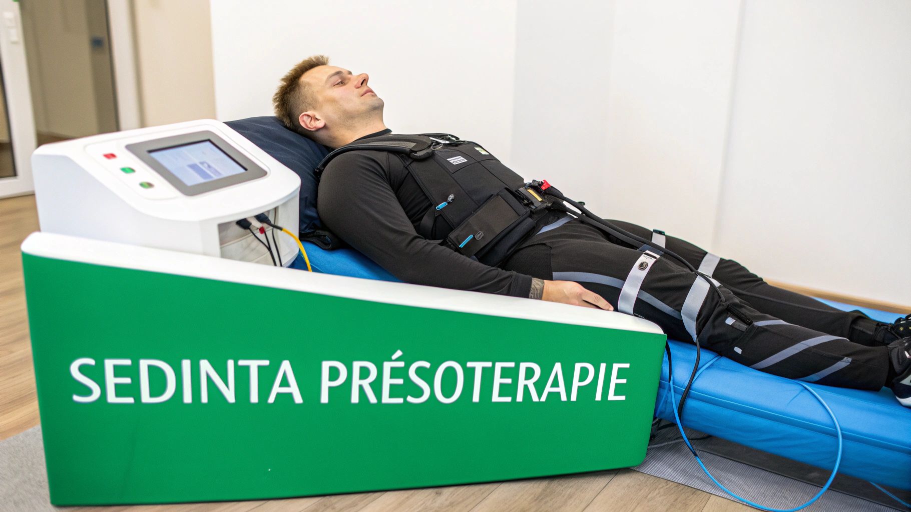 Drenaj limfatic beneficii pentru detoxifiere și remodelare corporală 3 Bărbat culcat pe o masă, primind o ședință de presoterapie cu echipament special și aparat.