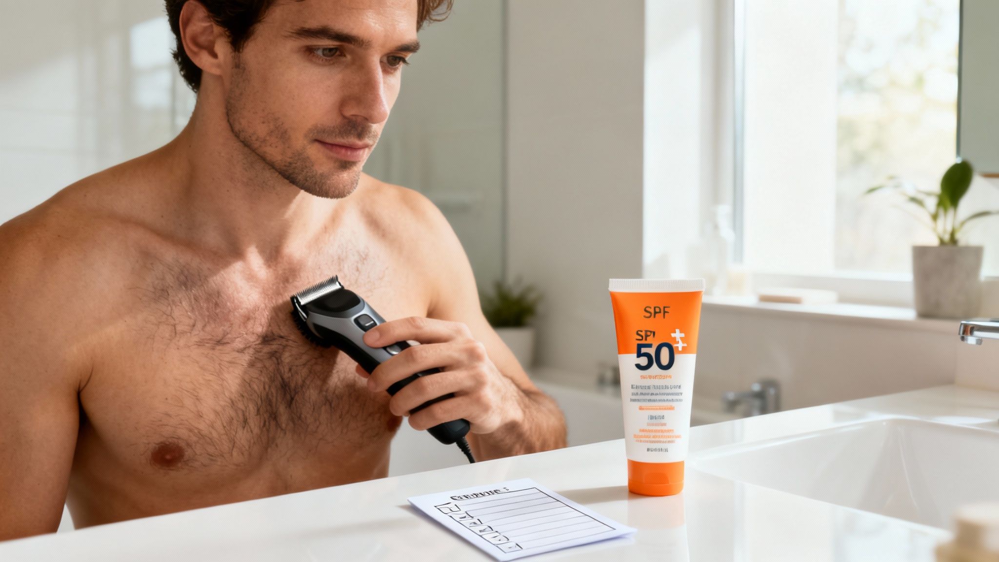 Ghidul complet: epilare definitiva barbati și cum să alegi clinica ideală 3 Bărbat tuns părul de pe piept cu un aparat de ras, lângă cremă SPF 50 și o listă.